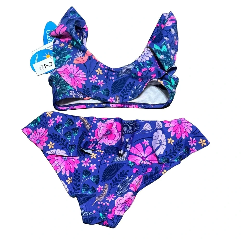 Wave Zone Toddler Floral Kids Swim Set Purple Blue Pink Two Piece Size 24M